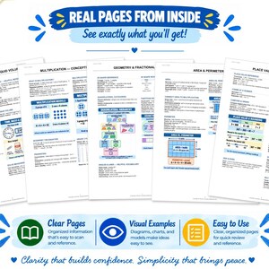 K&ouml;nnte beinhalten: Ein Set aus f&uuml;nf wei&szlig;en p&auml;dagogischen Referenzbl&auml;ttern f&uuml;r Mathematik der dritten Klasse, die Text und Diagramme zu Zeit, L&auml;nge, Masse, Fl&uuml;ssigkeitsvolumen, Multiplikation, Geometrie, Br&uuml;chen, Fl&auml;cheninhalt, Umfang und Stellenwert enthalten.