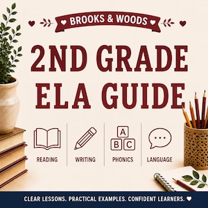 Könnte beinhalten: Ein weinroter Lehrführer mit dem Titel "2ND GRADE ELA GUIDE" mit Symbolen für Lesen, Schreiben, Phonetik und Sprache. Der Text "BROOKS & WOODS" steht oben. Der Text unten lautet "CLEAR LESSONS. PRACTICAL EXAMPLES. CONFIDENT LEARNERS."