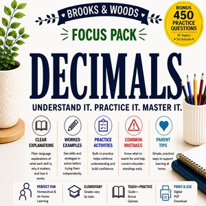 May include: A Brooks & Woods Focus Pack educational resource for decimals featuring the text Understand It. Practice It. Master It. The design includes five icons for clear explanations, worked examples, practice activities, common mistakes, and parent tips, plus a yellow circle highlighting 450 practice questions.