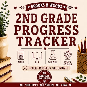 May include: A 2nd Grade Progress Tracker educational chart by Brooks & Woods with dark red text on a light background. It features icons for maths, ELA, science, and social studies, with the text Track Progress. See Growth. All Subjects Included!