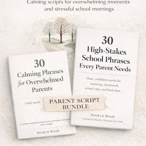 Puede incluir: Dos libros titulados "30 Frases Calmantes para Padres Agobiados" y "30 Frases Escolares de Alto Riesgo que Cada Padre Necesita". Forman parte de un "Parent Script Bundle" para padres.