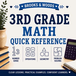 May include: A 3rd Grade Math Quick Reference guide by Brooks & Woods featuring dark blue text on a light background. Icons represent number sense, operations, geometry, and problem solving. A calculator and notebook are visible on the desk.