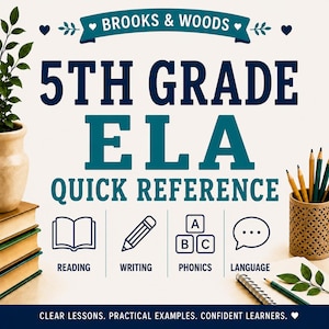 Op de afbeelding: Een 5th Grade ELA Quick Reference educatieve gids met donkerblauwe en blauwgroene tekst. Iconen voor lezen, schrijven, fonetiek en taal worden weergegeven. Het ontwerp bevat een stapel boeken, een pennenhouder met potloden en een spiraalnotitieblok.
