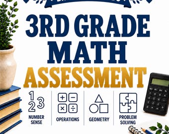 Könnte beinhalten: Eine digitale Grafik mit dem Titel Brooks & Woods 3rd Grade Math Assessment. Sie enthält Symbole für Zahlenverständnis, Operationen, Geometrie und Problemlösung. Der Text umfasst See What They Know, mit einem Taschenrechner, Büchern und einer Pflanze.