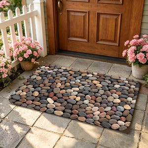 May include: A rectangular doormat with a pebble design. The mat features a pattern of various-sized, rounded stones in shades of brown, gray, and beige. The doormat is placed in front of a wooden door, with potted pink flowers on either side.