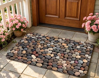 Natural River Rock Pebble-deurmat, 3D-geplaveide vloermat, steenpatroontapijt voor binnen buiten hal keuken badkamer woonkamer thuis