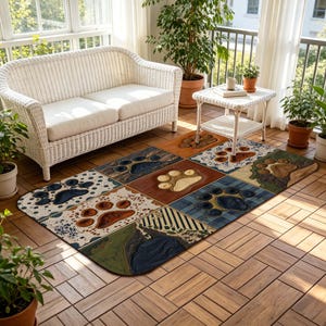 May include: A rectangular area rug featuring a patchwork design of various textures and patterns, each section displaying a large animal paw print. The rug incorporates diverse colors including shades of blue, brown, green, and cream, with motifs ranging from wood grain and plaid to speckled and striped textures.