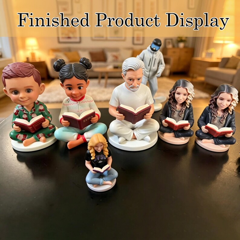 May include: A collection of figurines, each depicting a person reading a book. The figurines vary in appearance, with some wearing pajamas and others in casual attire. The text "Finished Product Display" is at the top of the image.