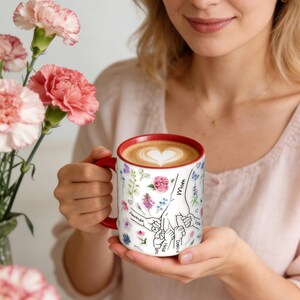 May include: A white ceramic mug with a red interior and handle, featuring a graphic illustration of multiple hands holding a central hand labeled Mom, surrounded by colorful floral patterns and names written in black script.