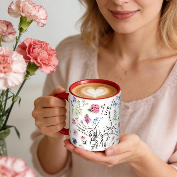 Custom Mom with Kids Names Mug, Personalized Name Wildflower Mug, Floral Coffee Mug for Mom, Mother's Day Gift for Her.