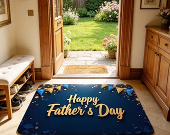Festive Happy Father's Day Welcome Doormat with Gold Script Lettering, Front Door and Cheerful Father's Day Themed Indoor Use.