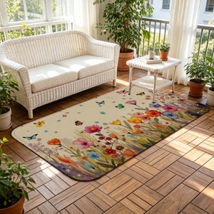 May include: A rectangular floral rug with a cream background, featuring colorful flowers and butterflies. The rug has a border of purple, orange, yellow, and pink flowers. Butterflies in shades of blue, yellow, and orange are scattered across the rug.