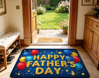 Party Themed Father's Day Bath Mat, Non Slip Absorbent Doormat for Bathroom, Entryway, Bedroom and Bright, Festive Father's Day Home Decor.