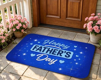Happy Father's Day Doormat, Bright Blue Floor Mat with "Happy Father's Day" Text for Entryway, Kitchen, Bathroom, Festive Holiday Home Decor