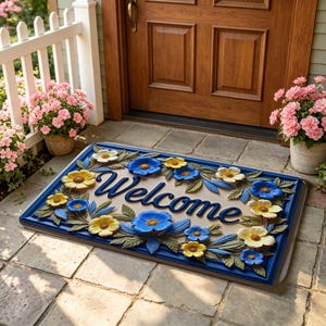 May include: A rectangular doormat with a dark blue border and a beige center featuring the word Welcome in blue script. The mat is decorated with three-dimensional blue and yellow flowers and green leaves arranged around the central text.