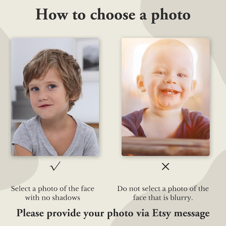 May include: An image with the text "How to choose a photo." It shows two photos: one of a child with no shadows, marked with a check, and one of a blurry baby, marked with an X. The text advises to select a photo of the face with no shadows and not to select a blurry photo. The text also says "Please provide your photo via Etsy message."
