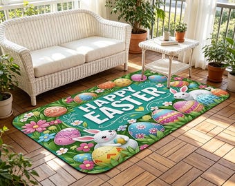 Happy Easter Doormat, Colorful Easter Bunny and Decorated Eggs Floor Mat for Entryway, Kitchen, Bathroom and Festive Holiday Home Decor.