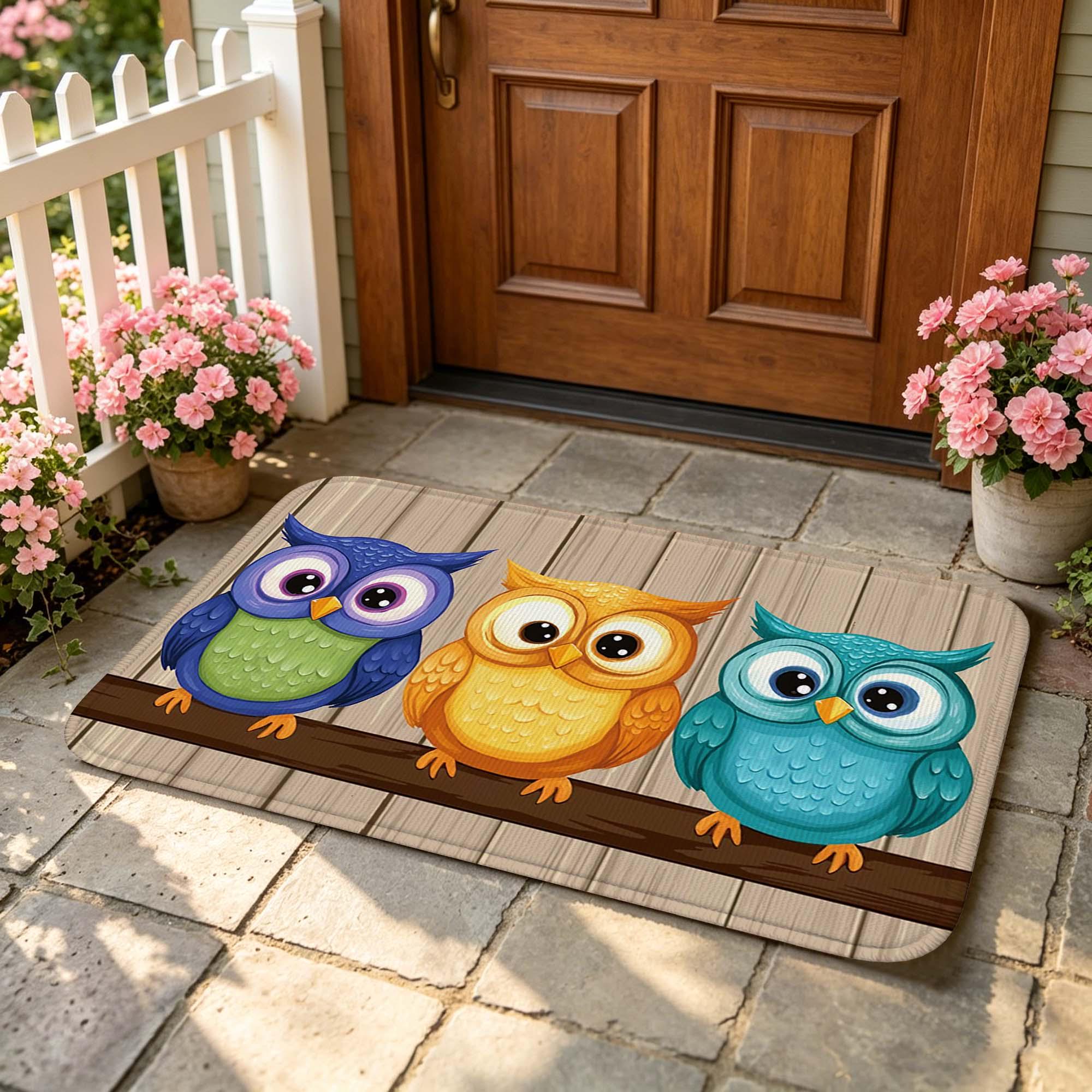 Cute Colorful Owls Doormat, Cartoon Woodland Non-Slip Entryway Rug, Washable Indoor Floor Mat, Rusti