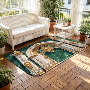 May include: A rectangular area rug featuring a deep green marble-effect background with a central golden sunburst motif and white architectural columns adorned with ornate gold relief carvings, including sculpted faces and decorative floral accents.