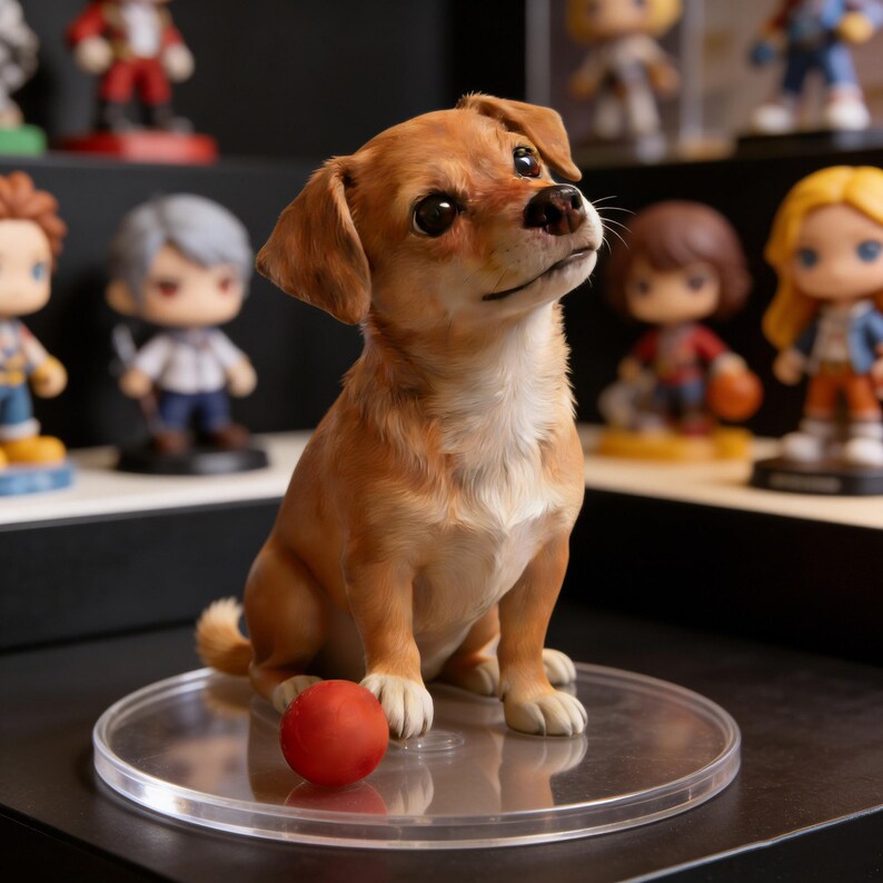 May include: A detailed figurine of a small, brown dog with white paws and a red ball. The dog is sitting on a clear, round stand, with other figurines visible in the background. The dog is looking upwards.
