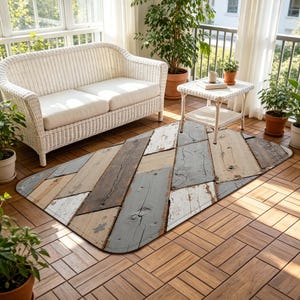May include: A rectangular area rug featuring a pattern of distressed wooden planks in shades of weathered grey, white, and natural brown. The design mimics reclaimed wood with visible grain textures and worn paint finishes arranged in a diagonal layout.