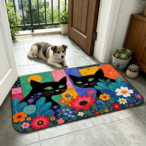 Può includere: Uno zerbino rettangolare raffigurante due gatti neri con occhi verdi circondati da fiori colorati, tra cui fiori rossi, arancioni, gialli e bianchi, su uno sfondo di pannelli segmentati nei colori verde, rosa, blu e arancione.