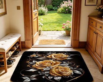 Golden Rose Doormat, Non Slip Absorbent Indoor Rug with Luxurious Gold Roses for Entryway, Living Room, Bedroom, Elegant Floral Home Decor.
