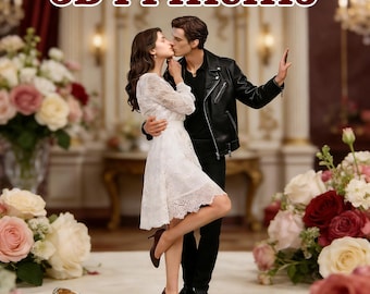 May include: A 3D-printed figurine of a kissing couple, the woman in a white dress and the man in a black leather jacket. The base is a clear, round disc. The text "3D Printing" is at the top. Two gold rings are in the foreground.