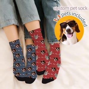 May include: Custom pet socks in blue and red, featuring images of dogs and cats wearing sunglasses. The socks have a repeating pattern of pet faces and small fish. The text "custom pet sock" and "1-3 pets included" is visible.