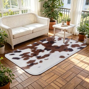 May include: A rectangular cowhide rug with a white background and brown spots. The rug is placed on a wooden floor in a sunroom setting, with a white wicker sofa and small table.