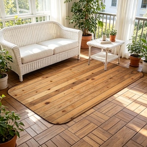 Könnte beinhalten: Ein rechteckiger Teppich mit abgerundeten Ecken, der Holz imitiert, liegt auf einem Holzboden. Ein weißes Korsofa und ein Beistelltisch befinden sich im Hintergrund, zusammen mit Topfpflanzen, wodurch ein gemütlicher Außenbereich entsteht.