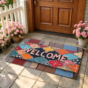 Boho Patchwork Floral Welcome Doormat, Colorful Distressed Wooden Plank Non Slip Entryway Rug, Rustic Farmhouse Front Door Decor Mat.