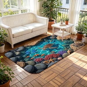 May include: A rectangular area rug featuring a vibrant underwater scene with a sea turtle swimming over a rocky seabed. The design includes colorful coral reefs, starfish, and various small fish in shades of blue, orange, and red, set against clear water.