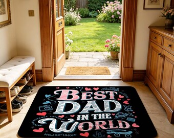 Black Floor Mat with Colorful "Best Dad in the World" Lettering for Entryway, Kitchen, Bathroom and Father's Day Home Decor.