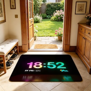May include: A rectangular black floor mat featuring a digital clock display showing 18:52 in a vibrant gradient of pink, yellow, and cyan. Below the time, the text reads FF FRI | 20°C, accompanied by a small blue and yellow graphic icon.