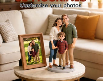 May include: A family of three 3D figurines stands on a gray base, next to a framed photo of the same family. The figurines are dressed in casual attire. The text at the top reads "3D FIGURINES" and "Customize your photos". The photo frame is made of wood.