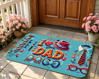 I Love Dad Doormat, Non Slip Rug, Turquoise Floor Mat with "I Love Dad" Lettering for Entryway, Kitchen, Bathroom, Father's Day Home Decor.