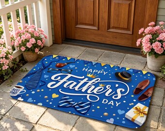 Happy Father's Day Doormat, Non Slip Absorbent Indoor Rug, Blue Floor Mat for Entryway, Kitchen, Bathroom and Festive Holiday Home Decor.