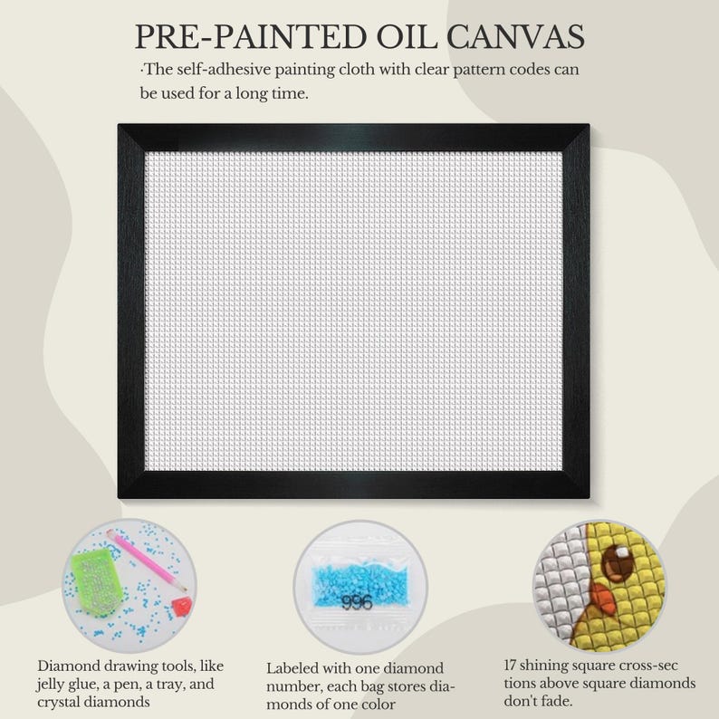 May include: A pre-painted oil canvas with a black frame. The image includes diamond drawing tools, labeled diamond bags, and a close-up of a completed section. Text on the image reads "PRE-PAINTED OIL CANVAS".