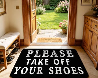 Felpudo con el mensaje "Por favor, quítese los zapatos", felpudo de entrada con texto vintage en blanco y negro, alfombra antideslizante para la entrada, el dormitorio y la decoración del hogar.