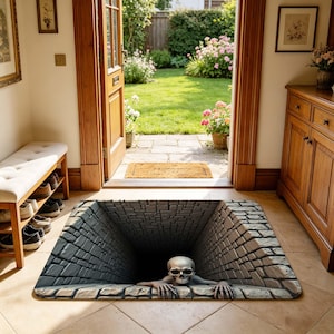 Puede incluir: Un felpudo rectangular con una ilusión óptica 3D de un pozo de piedra profundo y oscuro. Un cráneo humano realista con manos esqueléticas está colocado en el borde del pozo, pareciendo salir de la oscura fosa revestida de ladrillos.