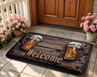 Beer Mug Welcome Doormat, Rustic Wooden Plank with 3D Beer Mugs and "Welcome" Text Floor Mat for Entryway, Kitchen, Bar Themed Home Decor.