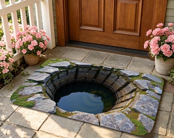 Zerbino con illusione ottica 3D a forma di laghetto con muschio e rocce, zerbino per ingresso con piscina naturale in una grotta, divertente e originale decorazione per la casa a tema natura.