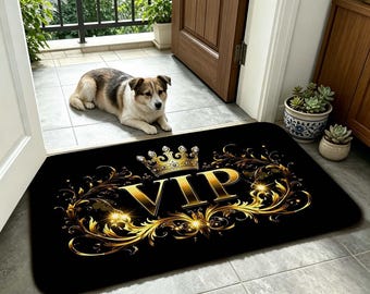 VIP Crown Doormat, Non Slip Absorbent Indoor Rug, Black Floor Mat Floral Accents for Entryway, Living Room, Man Cave and Luxury Home Decor.