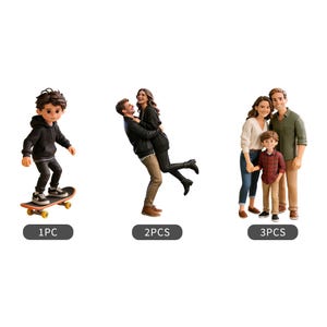 May include: Figurines of a boy on a skateboard, a couple embracing, and a family of three. The boy is wearing a black hoodie and riding a skateboard. The couple is dressed in black and tan outfits. The family is wearing casual attire.