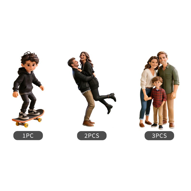 May include: Figurines of a boy on a skateboard, a couple embracing, and a family of three. The boy is wearing a black hoodie and riding a skateboard. The couple is dressed in black and tan outfits. The family is wearing casual attire.