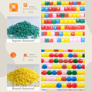 May include: An image showcasing diamond painting supplies. It features close-ups of square and round diamonds in various colors, along with a scale for size comparison. The text "Square diamond" and "Round diamond" are also visible.