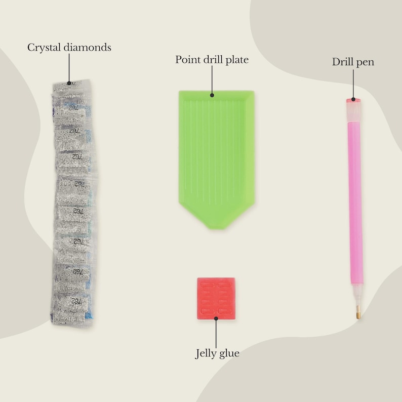 May include: An assortment of diamond painting tools, including a stack of crystal diamonds, a green point drill plate, a pink drill pen, and a red jelly glue square. The tools are arranged on a light beige background.