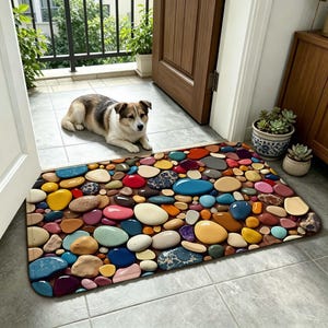 Puede incluir: Una alfombra rectangular con un diseño de guijarros de colores. La alfombra muestra una variedad de piedras lisas y redondeadas en tonos azules, amarillos, rojos y marrones. Un perro está acostado en el fondo.