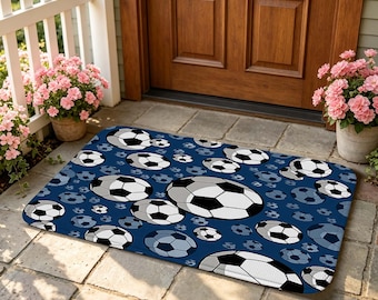 Soccer Ball Pattern Doormat, Non Slip Absorbent Indoor Rug, Navy Blue Floor Mat for Entryway, Kitchen, Bathroom and Sports Themed Home Decor